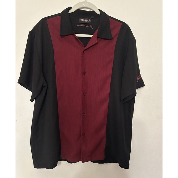 Vintage Steady Jim beam Button Down Shirt SS Burgandy & Black Embroidered Mens L - Picture 1 of 7